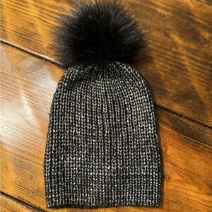 Athleta Lizette beanie.  Variegated black/white w/black pompom